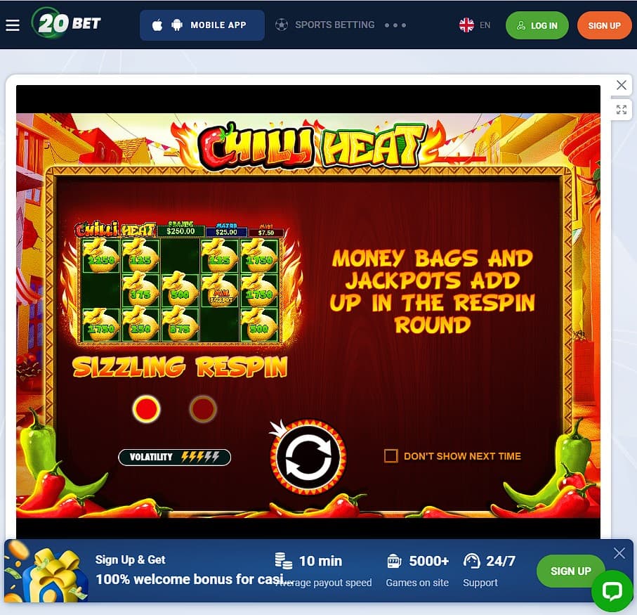 Play Chilli Heat by Pragmatic Play at 20Bet Casino