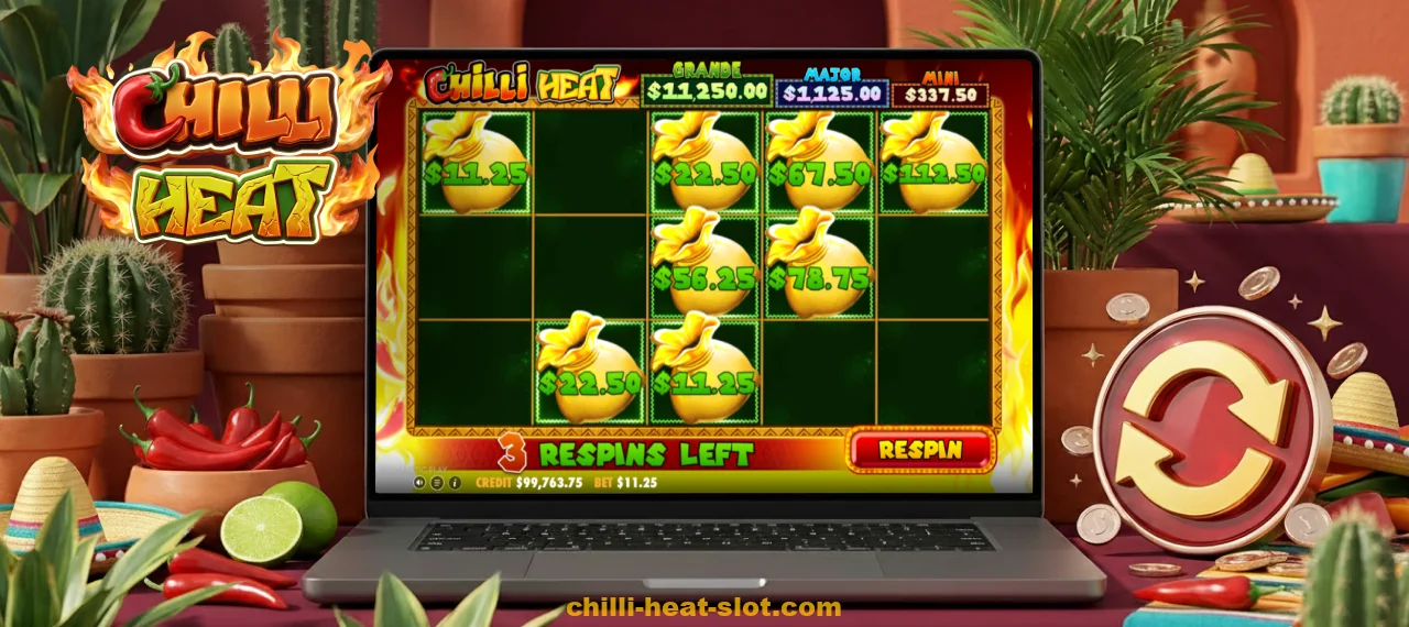 The Money Respin feature in Chilli Heat triggers respins, jackpots, and big wins