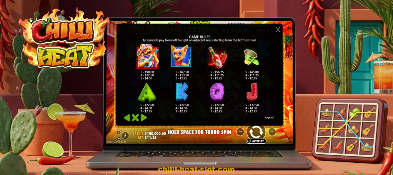 Chilli Heat features 25 fixed paylines, with winning combinations formed from left to right